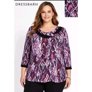 DRESSBARN Womens 1X Criss Cross Detail 3/4 Sleeve Stretch Top Purple Black Print